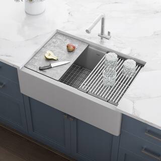 Ruvati 33-inch Matte Gray Farmhouse Granite Composite Quartz Workstation Apron-front Kitchen Sink - RVG1533GR - 33" x 20-1/2″