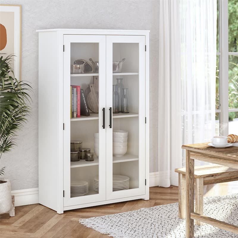 Roomfitters Lulu Modern Curio Cabinet with Glass Pane Doors and Adjustable Shelves, White Oak