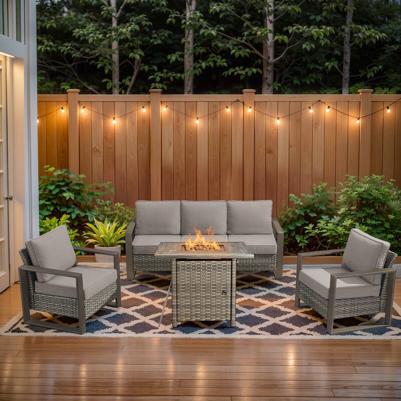 Pocassy 4/6/8PCS Sofa Swivel Chair with Fire Pit Table Set - Grey Wicker Gray Cushion - 4-Piece Sofa Patio Chair with Fire Table