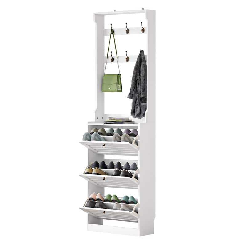 Anmytek White 78.7" H Tall Shoe Cabinet Wood Shoe Rack Organizer with Coat Racks and Flip Drawers