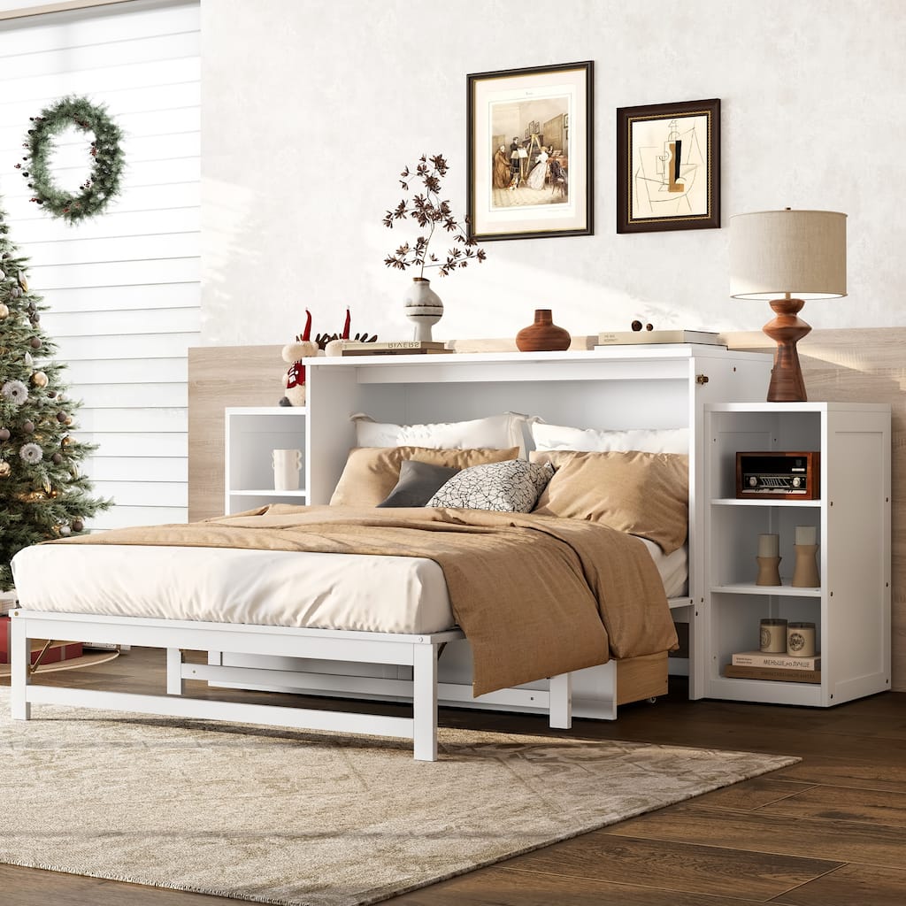 Wooden Murphy Cabinet Bed with a Large Drawer and Open Shelves, Foldable Platform Bed, No Box Spring Needed