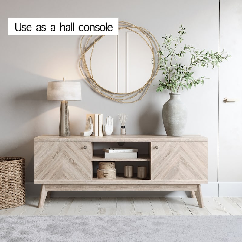 Living Skog Scandi Mid-Century Modern Herringbone TV Stand for TV Up to 65 Inches with Wooden Legs