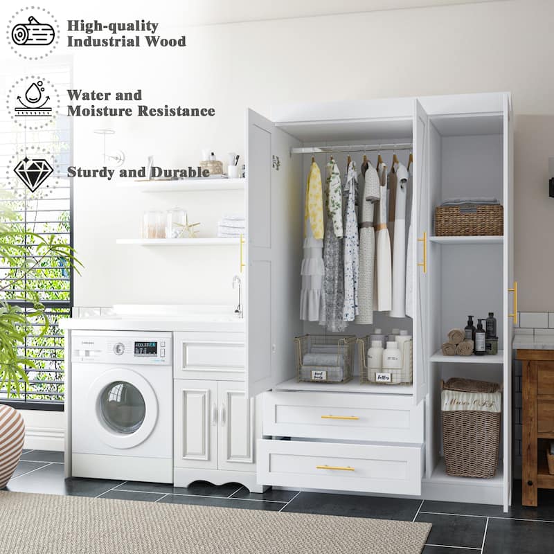 Classic Three-Door Wardrobe,Wood Bedroom Armoire with Hanging Rod and Shelves,Spacious Storage Closet,Modern Farmhouse Design
