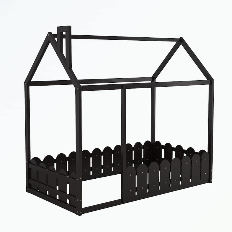 Twin Size Wood Bed House Bed Frame with Fence