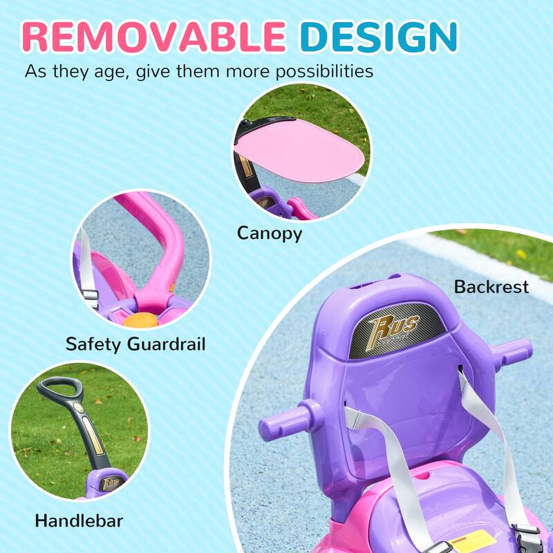 3-in-1 Push Car for Kids 1-3 Years, Ride on Sliding Car with Removable Handle, Music, Horn, Canopy & Safety Guardrail