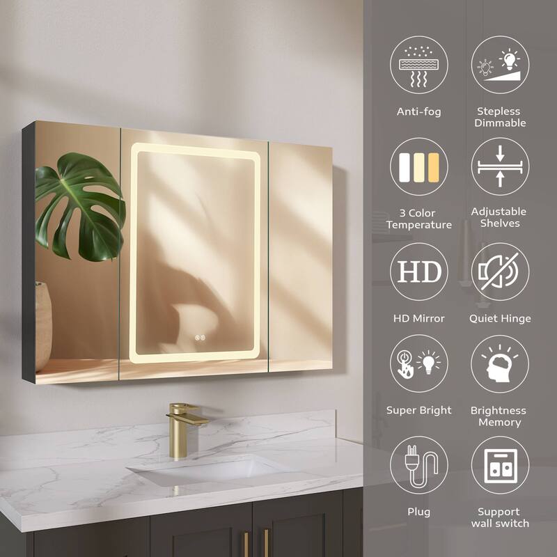 ZEAFIVE LED Black Bathroom Medicine Cabinet Surface Mount Defog Medicine Cabinet 3 Lights Dimmable