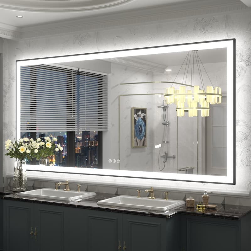 Front & Back LED Anti-Fog Tempered Glass Framed Bathroom/Vanity Mirror 3-Year Warranty - 72" x 36"-Square Corner - Black