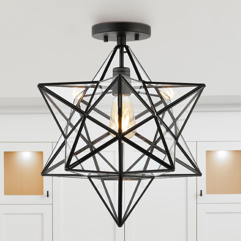 Evelyn 14.5" 1-Light Farmhouse Bohemian Iron/Glass LED Semi Flush Mount, Black/Clear by JONATHAN Y