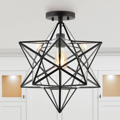 Evelyn 14.5" 1-Light Farmhouse Bohemian Iron/Glass LED Semi Flush Mount, Black/Clear by JONATHAN Y