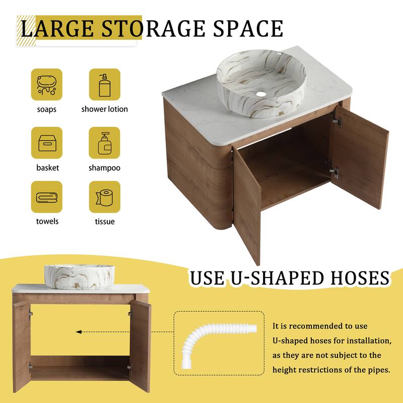 30'' Wall-Mounted Bathroom Vanity With Ceramic Art Sink & 2-Soft-Close Door, KD-Packing, Plywood