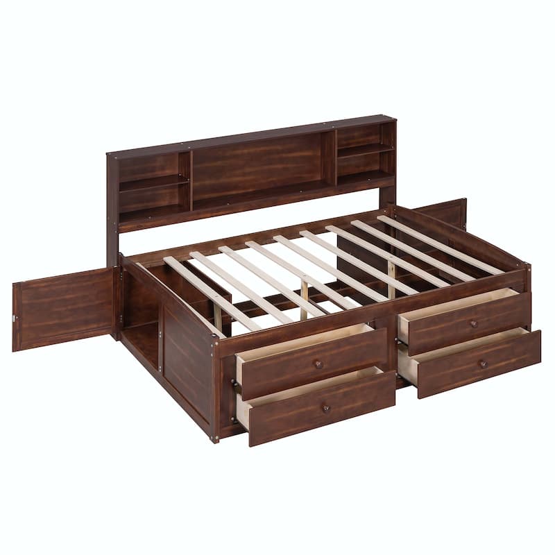 Full Size Wooden Captain Bed with Built-in Storage Shelves