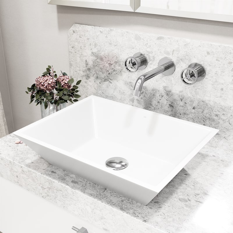 VIGO Vinca 18"L x 14"W MatteStone Vessel Sink and Cass Wall Mount Faucet Set - White