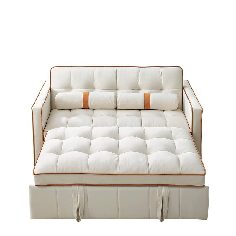 Velvet Pull Out Sleeper Sofa Bed, Adjustable Backrest Upholstered Tufted Couch Futon Sofa with 2 Pillows, Pockets