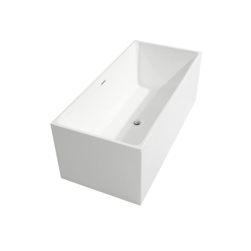 CB HOME 55"/59" White Freestanding Bathtub, Black Acrylic Soaking Tubs, Rectangular Stand Alone Tub in Three Sides Back to Wall