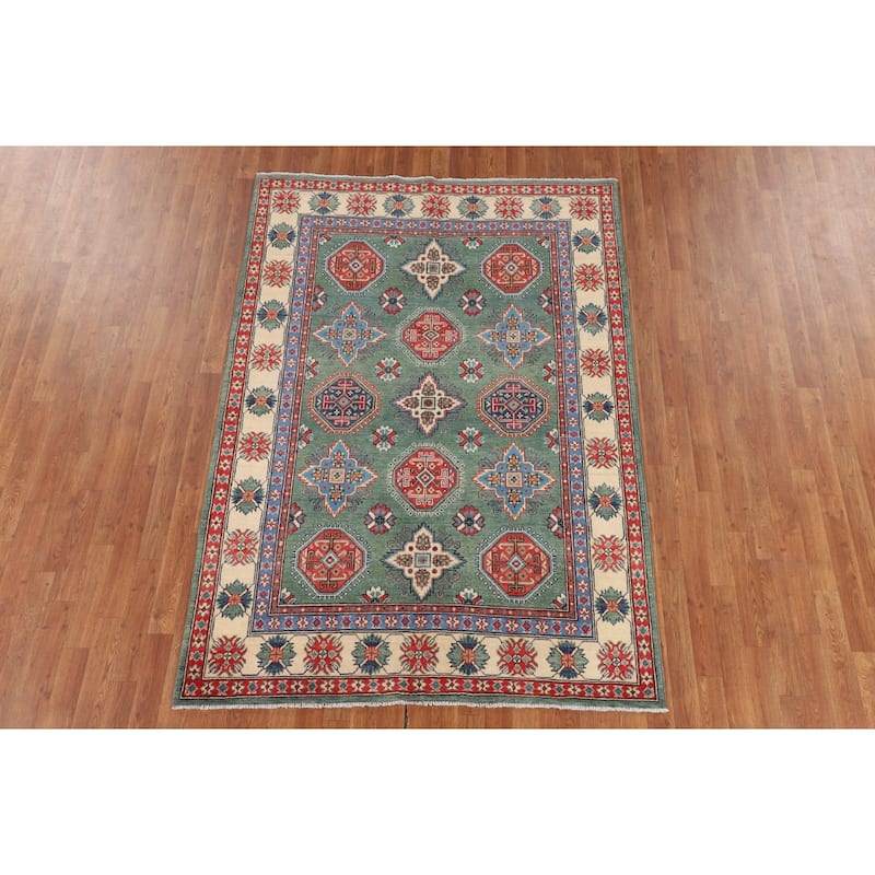 Kazak Oriental Area Rug Handmade Green Geometric Wool Carpet - 5'1" x 7'3"