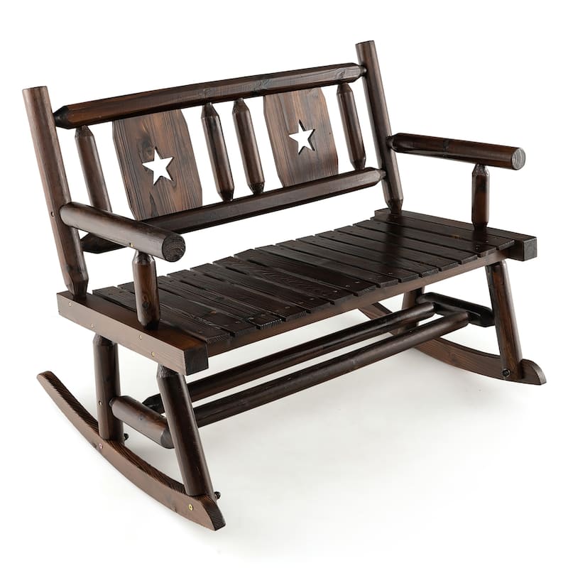 Gymax Outdoor Carbonized Wood Rocking Bench Double Rocking Chair for 2 - Brown