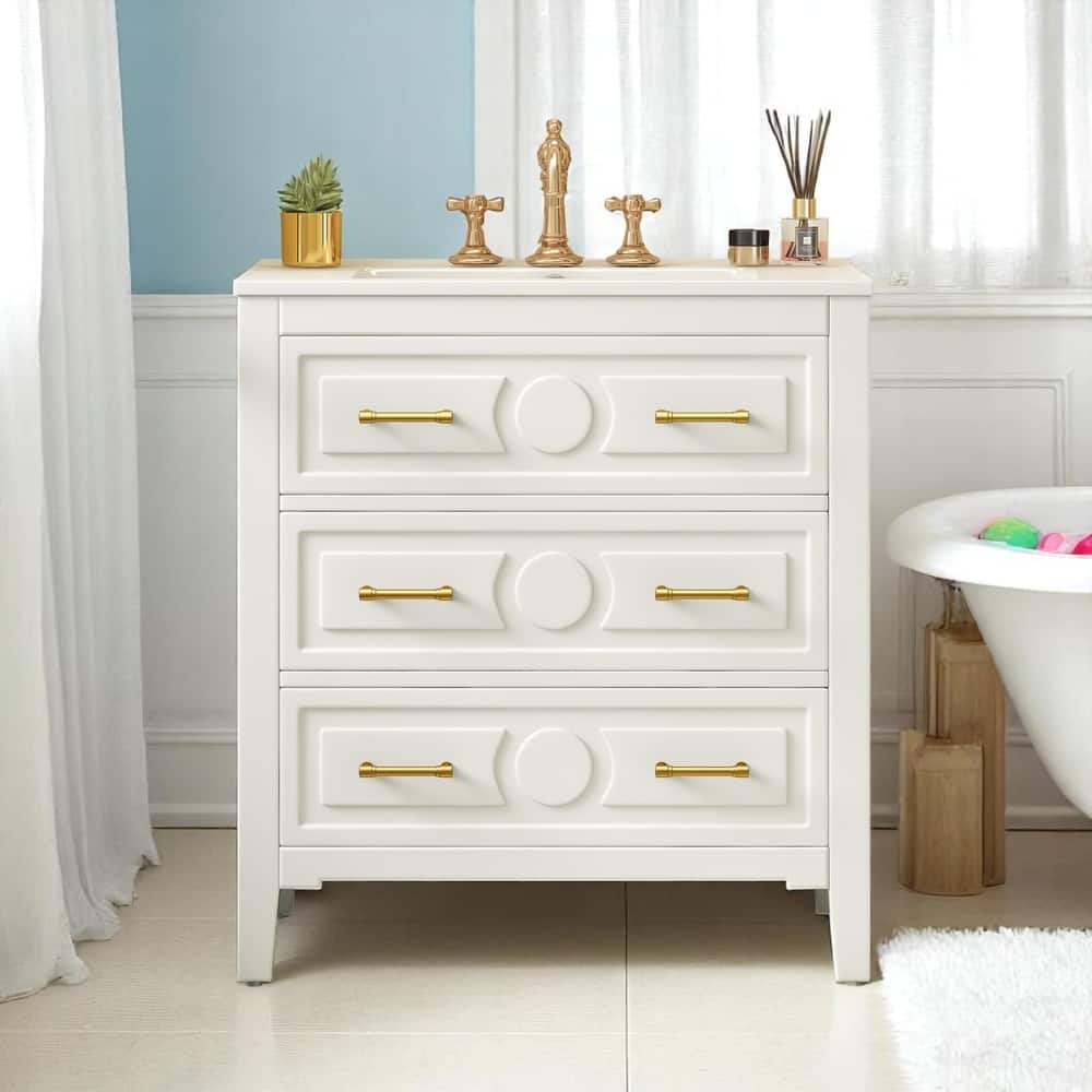 30 Inch Single Bathroom Vanity Set with Sink, Solid Pine Frame and Storage Drawers, Undermount Basin