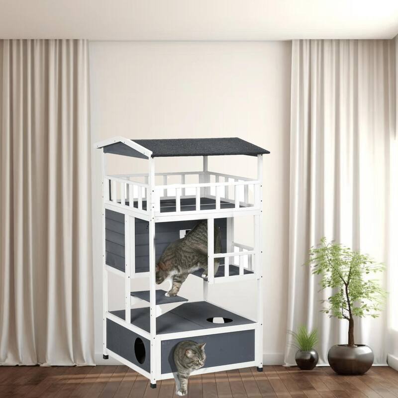 Wooden Outdoor Cat House with Escape Doors, Jumping Platforms, Balcony and Private Shelter, Cat Climbing Furniture - Grey
