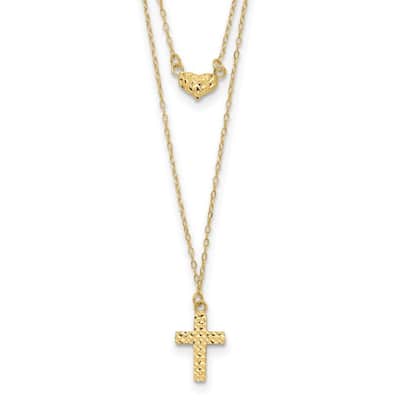 Curata 14k Yellow Gold Double strand Textured Cross And Heart Necklace, 16+2"