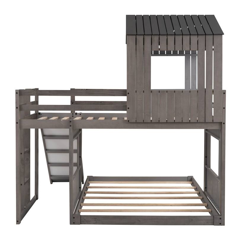 House Bunk Beds with Slide, Wood Twin Over Full Bunk Beds with Roof and Guard Rail for Kids, Toddlers