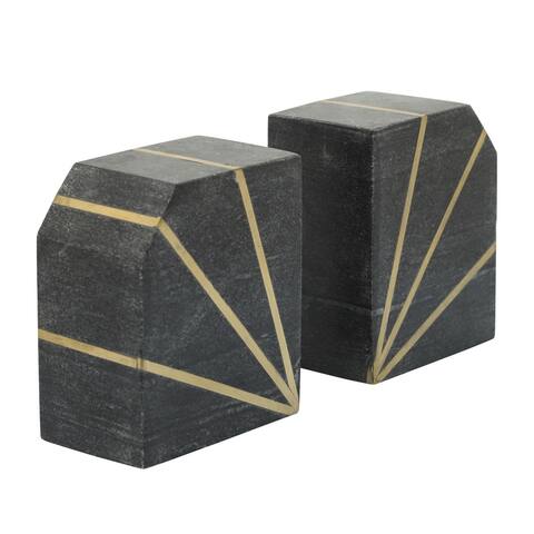 Set of 2marble 5"h Polished Bookends withgold Inlays, Blk 5"H - 8.0" x 3.0" x 5.0"