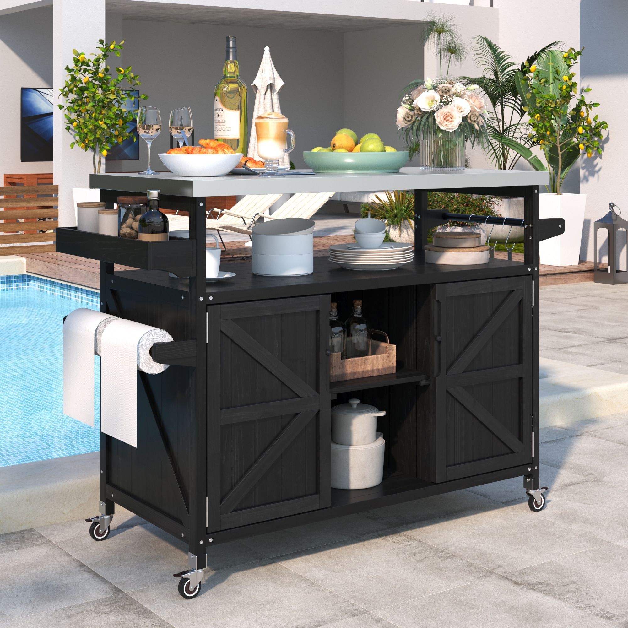 Outdoor Kitchen Island with Spice Rack, Rolling Bar Cart & Storage Cabinet, Wood Grill Table with Stainless Steel Top