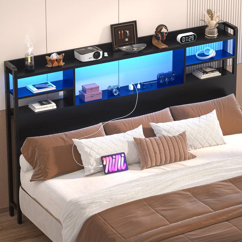 Storage Headboard with USB Port and Power Outlet, Head Board with LED Light for Bed Frame - Black - Queen