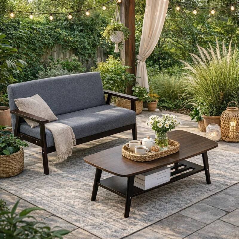 Gala 45, 47 Inch Modern Loveseat and Coffee Table Set, Dark Gray, Brown