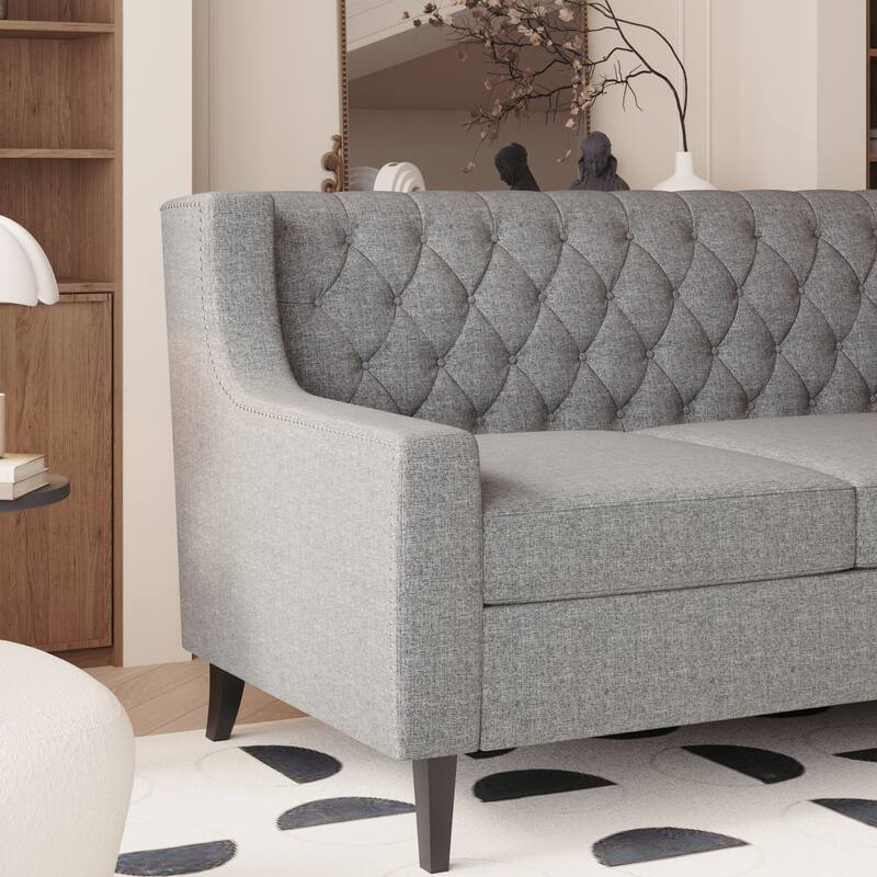 78.75" Polyester Button-Tufted Mid-Century Modern 3-Seater Sofa with High-Resilience Foam Cushions and Sturdy Wooden Frame