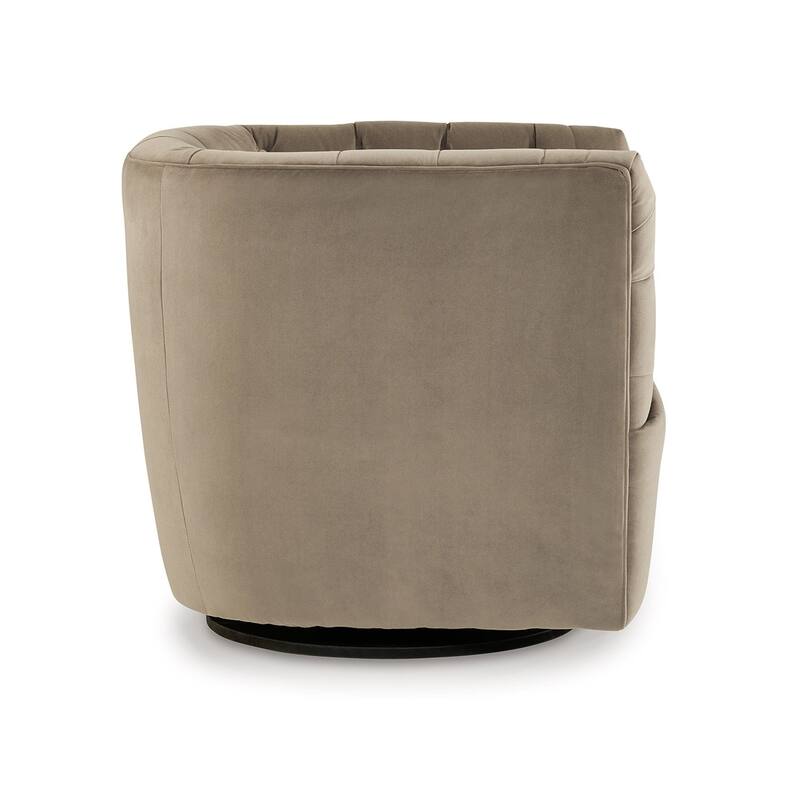 Heena Swivel Accent Chair, Brown Polyester, Tufted Barrel Back, Black Metal