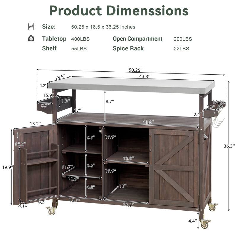 Kitchen Island, Rolling Bar Cart & Storage Cabinet, Farmhouse Solid Wood Outdoor Grill Table