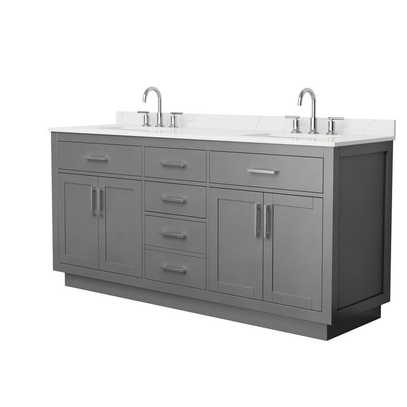 Beckett TK 72-inch Double Vanity, 3 Hole Quartz Top - Dark Gray, Nickel Trim, Giotto Quartz Top