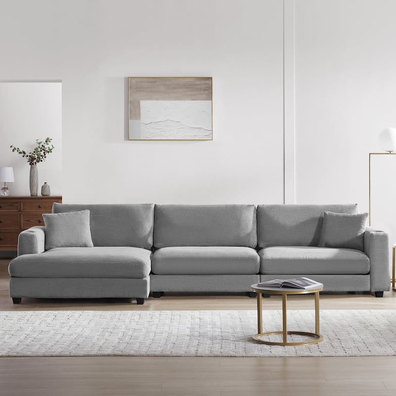 Large L-Shaped Cloud Couch in Gray Corduroy - Deep Seat Sofa Bed with USB, Cup Holder