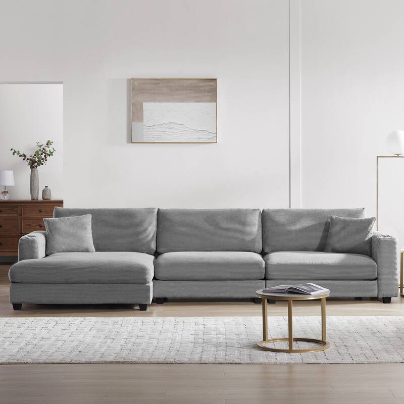 Modern L Shaped Cloud Couch with USB Charging, Cup Holder, and Deep Seat Chaise, Comfy Corduroy Sofa Bed for Living Room