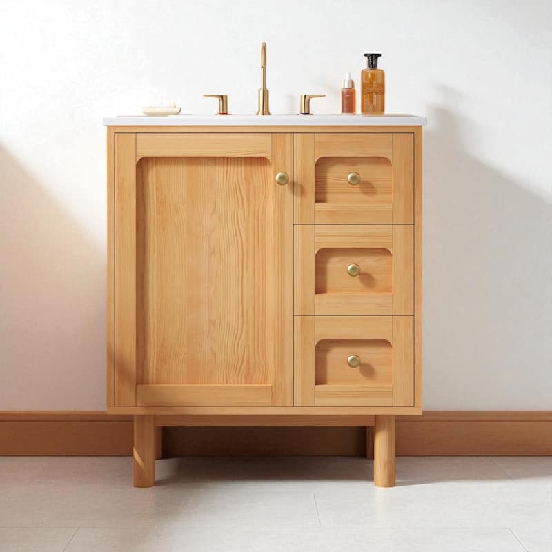 30" Farmhouse Bathroom Vanity with Ceramic Sink, Soft Close Door and 3 Drawers, MDF Storage Cabinet - Natural Wood