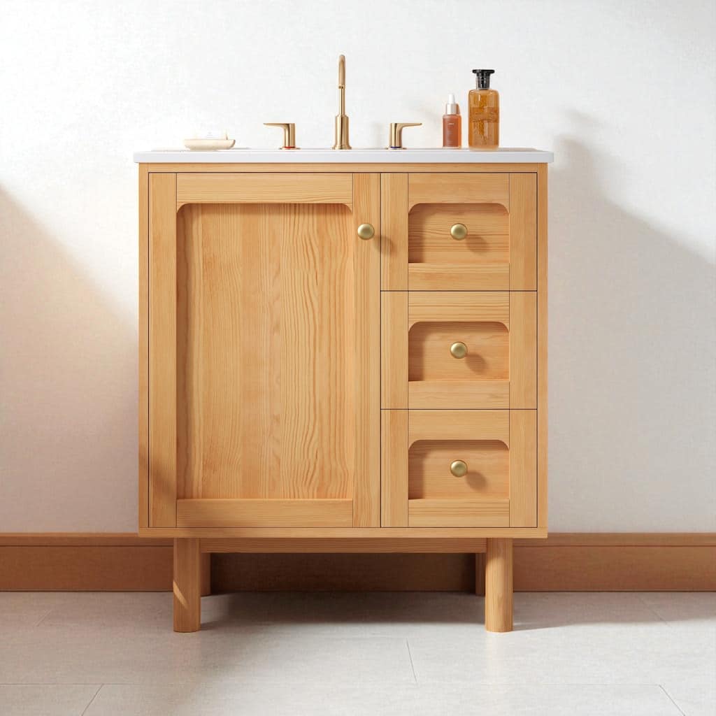 30" Farmhouse Bathroom Vanity with Ceramic Sink, Soft Close Door and 3 Drawers, MDF Storage Cabinet