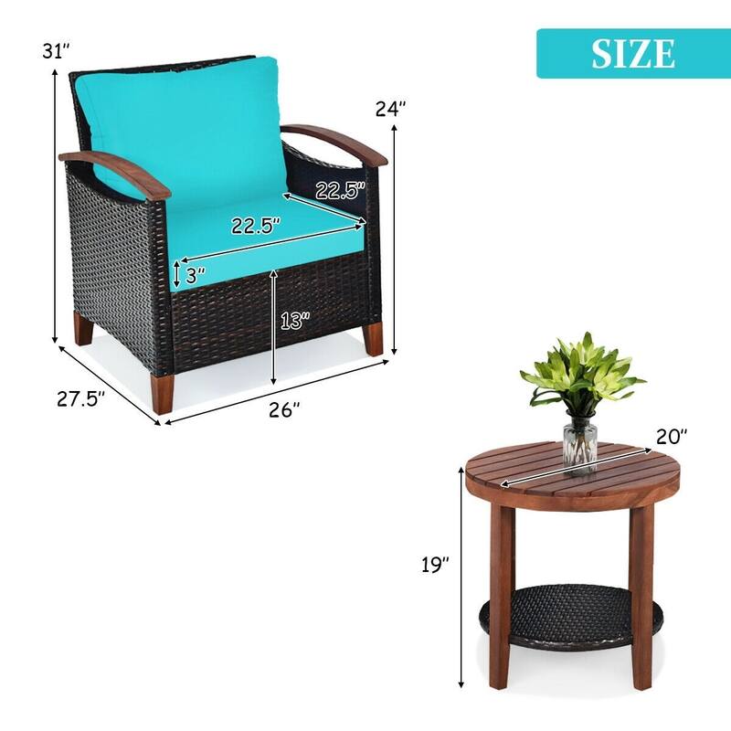 3-Piece Patio Rattan Furniture Set with Solid Wood Frame