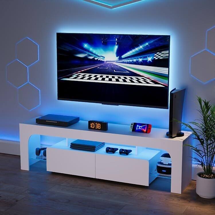 63 Inch TV Stand, Lighting TV Cabinet Entertainment Center, Brown - N/A