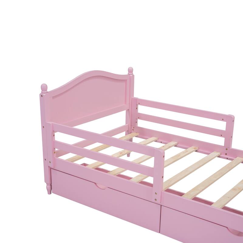 Wood Platform Bed with Guardrails on Both Sides and Two Storage Drawers