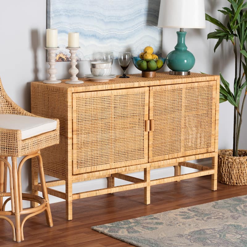 Vivan Modern Bohemian Natural Brown Rattan and Mahogany Wood Storage Cabinet
