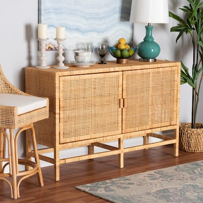 Vivan Modern Bohemian Natural Brown Rattan and Mahogany Wood Storage Cabinet