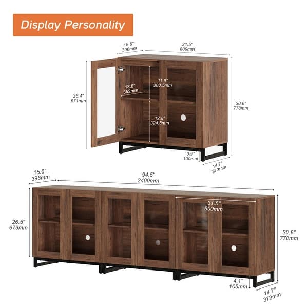 dimension image slide 6 of 10, WAMPAT Multifunctional Sideboard Buffet Cabinets with Glass Doors, Modern Sideboard with Adjustable Shelf, Coffee Bar Cabinet