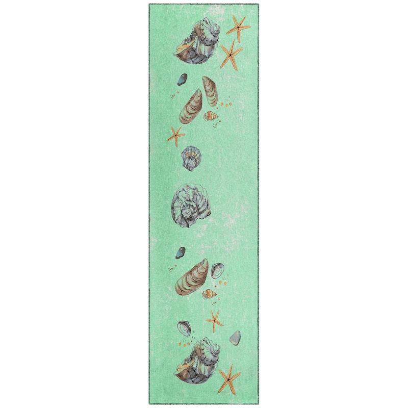 Indoor/ Outdoor Surfside Border Shells Washable Rug New - Green - 2'3" x 7'6"