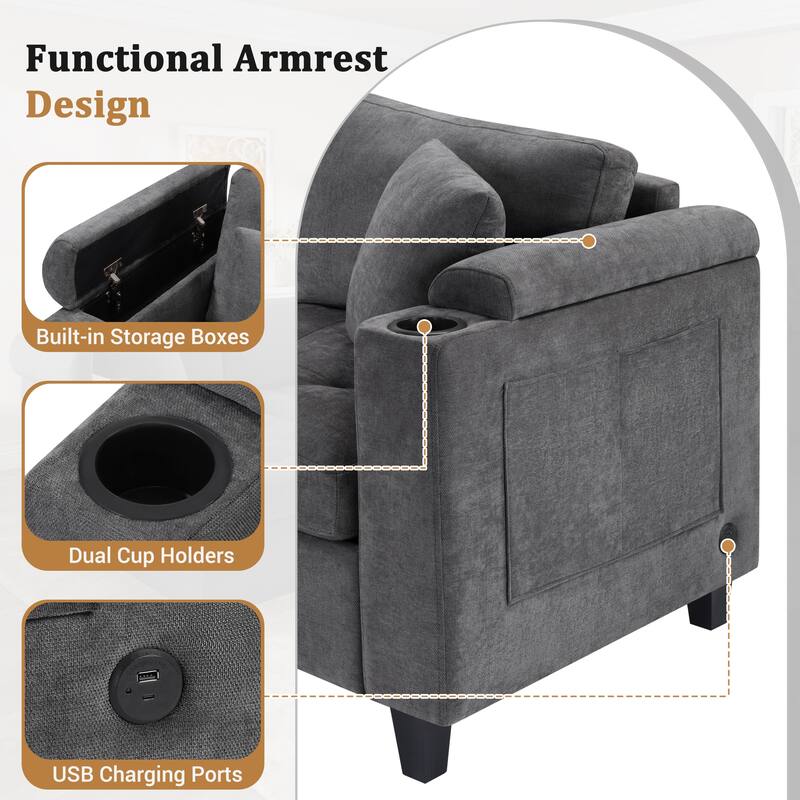 Oversized Corner Sectional, Modern U-Shaped Sectional Sofa with Built-in Storage Boxes and Dual Cup Holders, USB Ports, Pockets