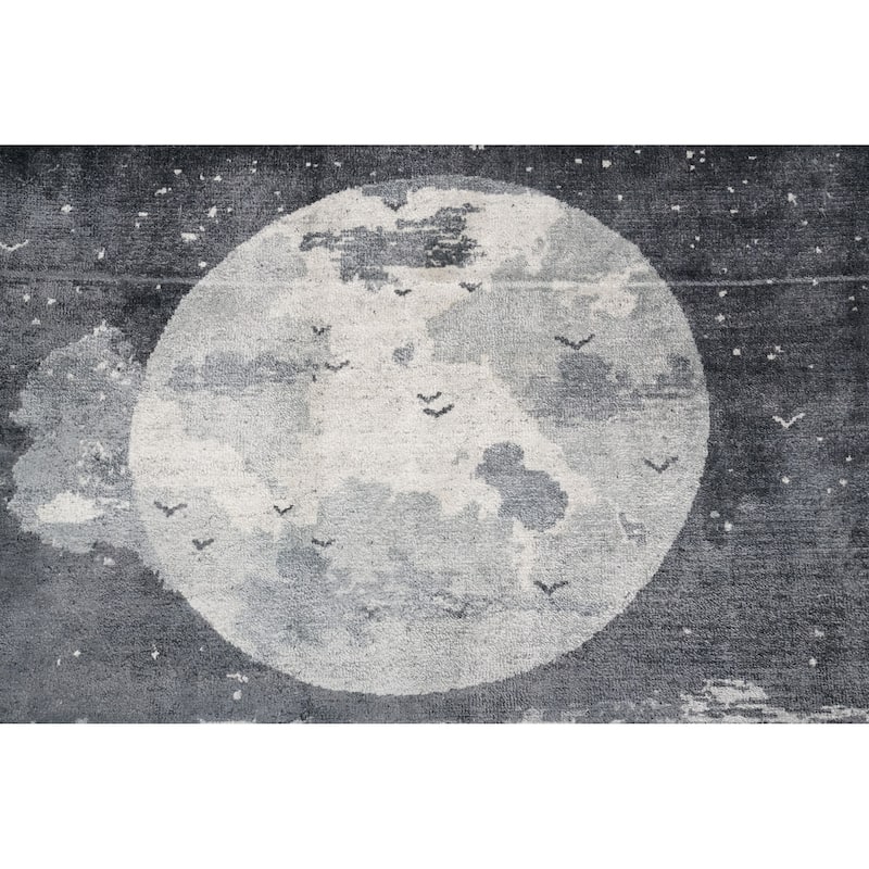 Hand Knotted Oriental Viscose Silk Carpet Modern Pictorial Greys & Charcoal Abstract Area Rug - 7' 5'' X 5' 7''