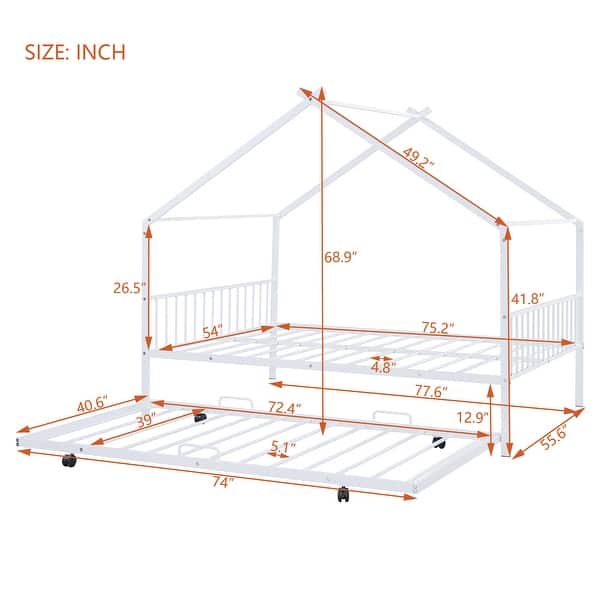 dimension image slide 1 of 3, Full Size Metal House Bed with Twin Size Trundle