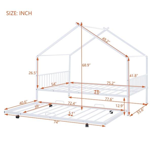 White Full Size Metal House Bed with Trundle and Roof for Kids, Boys and Girls, Bedroom