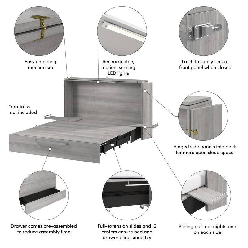 Bestar Borealis 63W Queen Murphy Cabinet Bed with Pullout Drawer