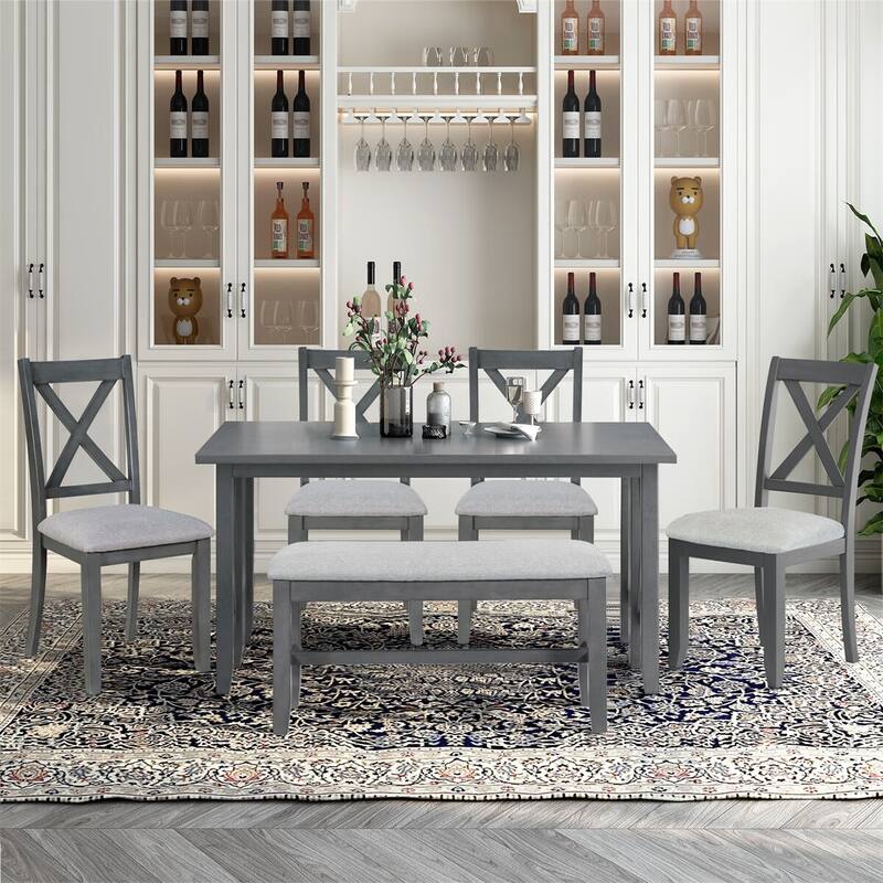 Merax 6-Piece Dining Set with Foldable Table, Bench - Grey