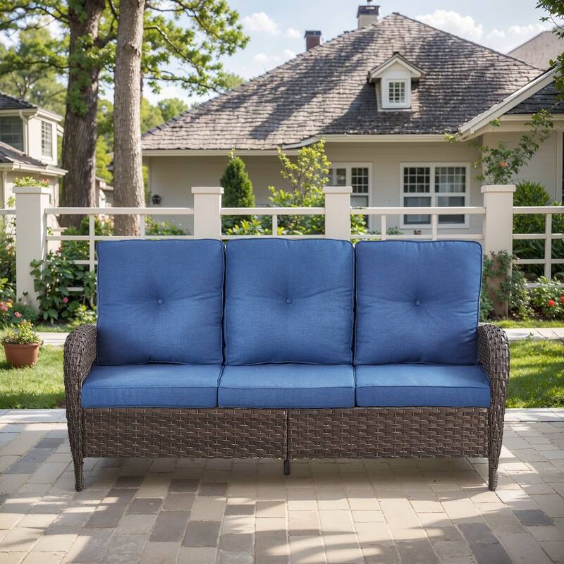 Pocassy Patio Outdoor Sofa Swivel Chairs with Ottman Table Set - Brown Wicker Blue Cushion - Only 3-Seat Sofa